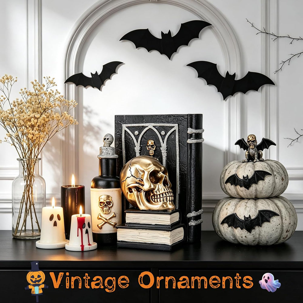 Halloween Skull Figurine, Gothic Book & Potion Bottle Indoor Tabletop Decor