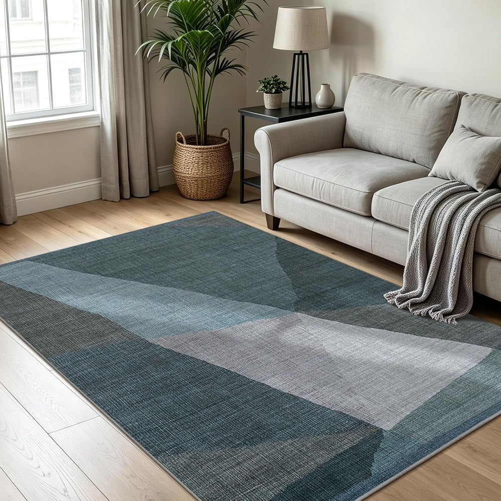 YIHOUSE Geometric Area Rug, Washable Non-Slip Low Pile, Blue, 5 x 7 ft