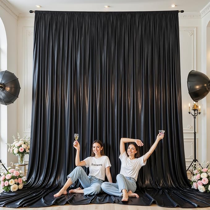 10x10 ft Black Glitter Backdrop Curtain for Parties, Wrinkle Free Satin Photo...