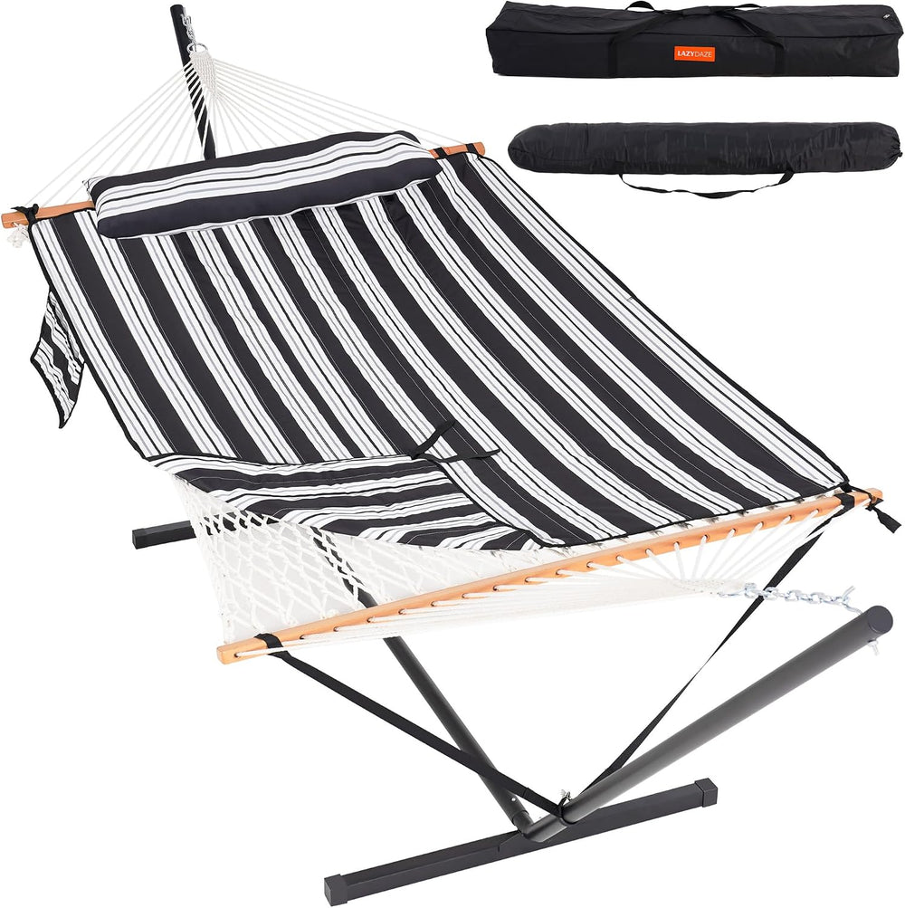 Lazy Daze Rope Hammock with Stand and Pad for Outside, Black White