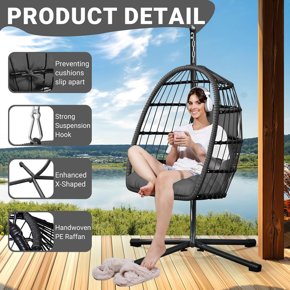 LEVELEVE Hanging Egg Chair with Stand, Patio Rattan Wicker Swing Chair, Overs...