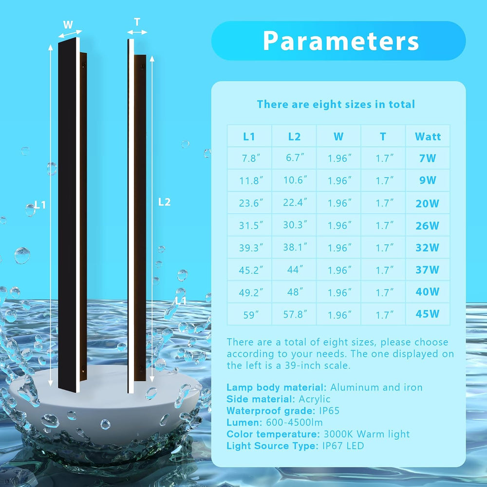 Outdoor Wall Light LED Long Wall Sconce 31.5in Ip65 Waterproof Black Modern O...