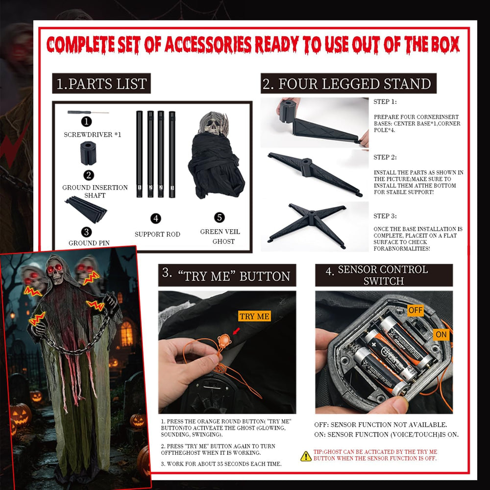 Halloween Skeleton With LED Red Glowing Eyes, Sound & Touch Activated Mot...