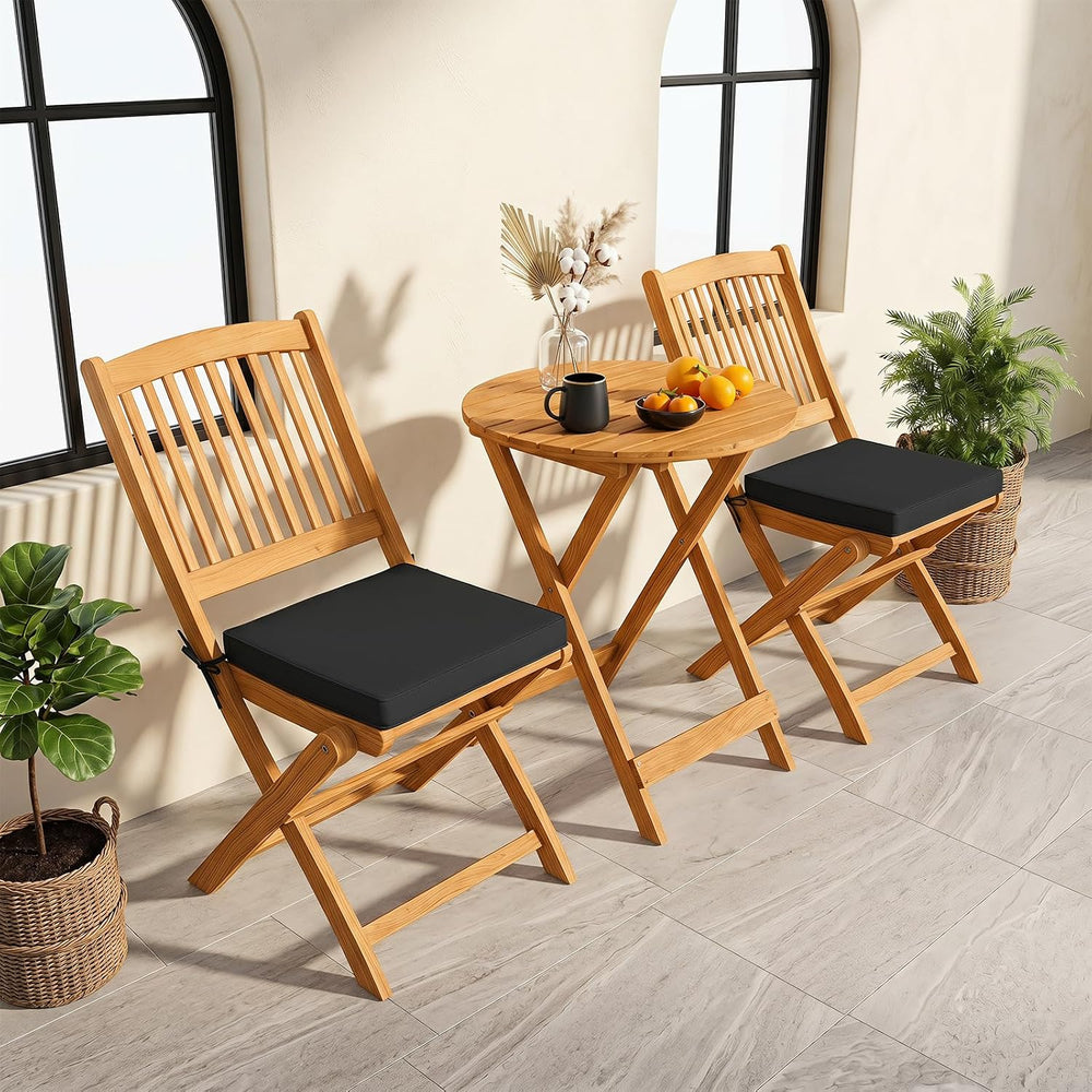 Tangkula 3 Piece Patio Folding Bistro Set, Outdoor Acacia Wood Chair and Tabl...