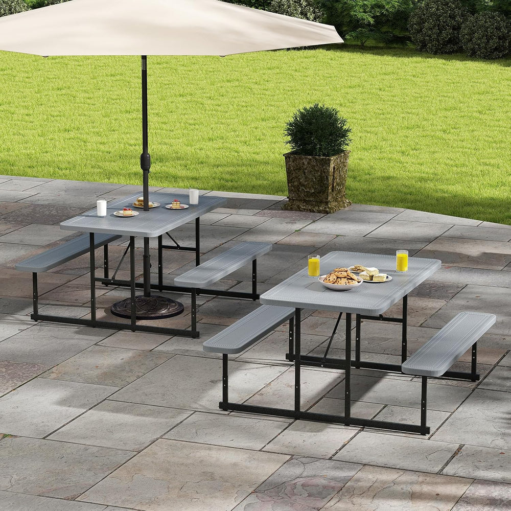 Tangkula Picnic Table, HDPE Outdoor Rectangular Table Bench Set with 2 Built-...