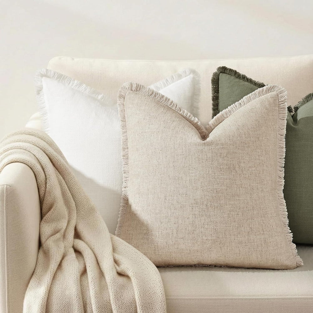 decorUhome Linen Fringe Natural Beige Throw Pillow Covers 22x22 Set of 2