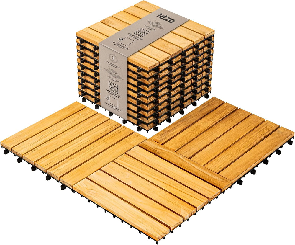 Idzo Interlocking Deck Tiles 9.6 SQFT - 10PCS Waterproof Acacia Wood Flooring...