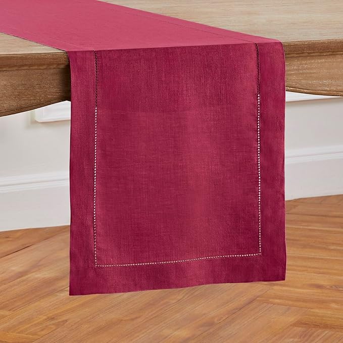 Solino Home Linen Beet Table Runner 72 Inches Long - 100% Pure Linen Hemstitc...