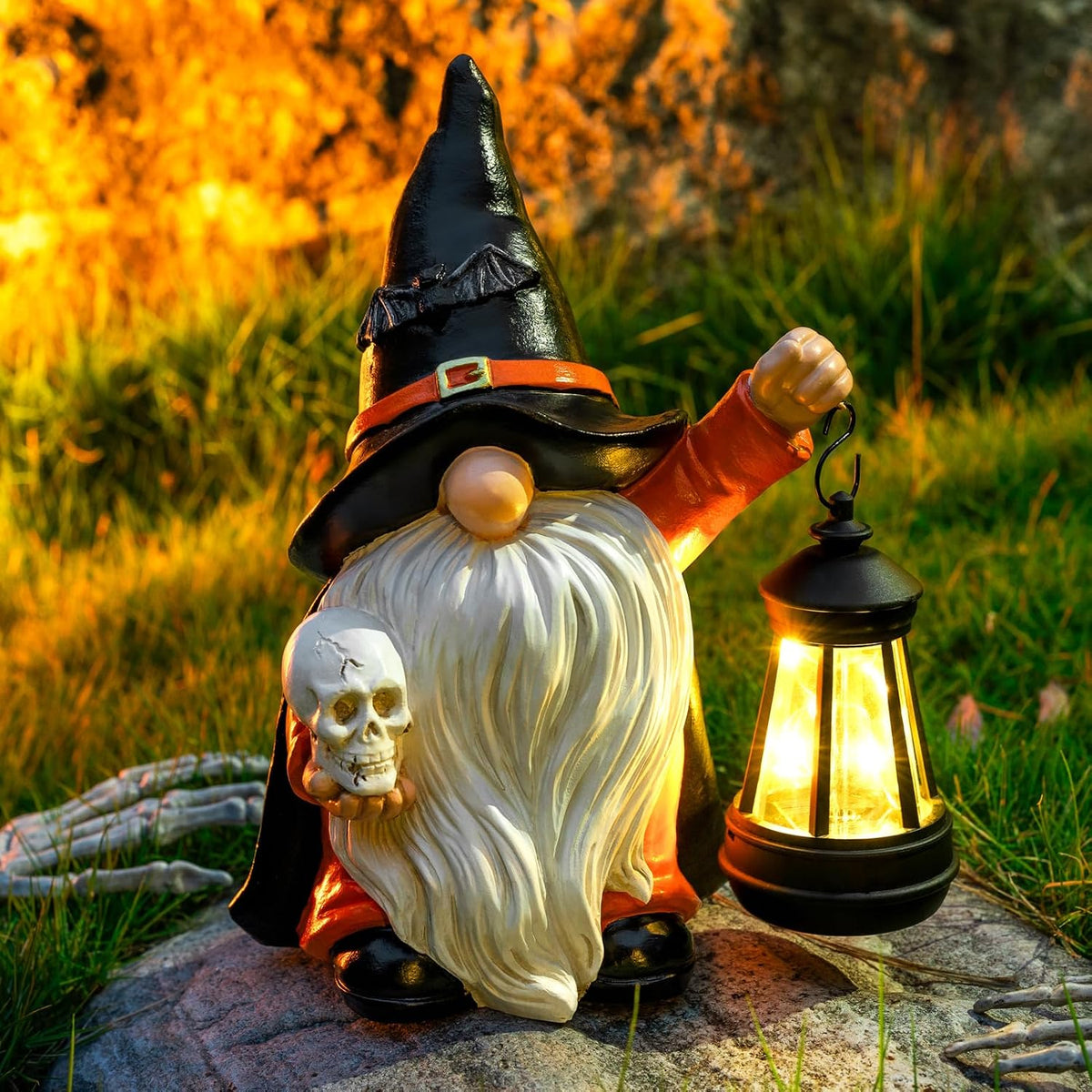 Halloween Gnome Decoration Garden Statues with Skull Solar Gnomes with LED Lantern Halloween Outdoor Porch Patio Yard Art Ornament Holiday Gardening Gifts for Mom Women