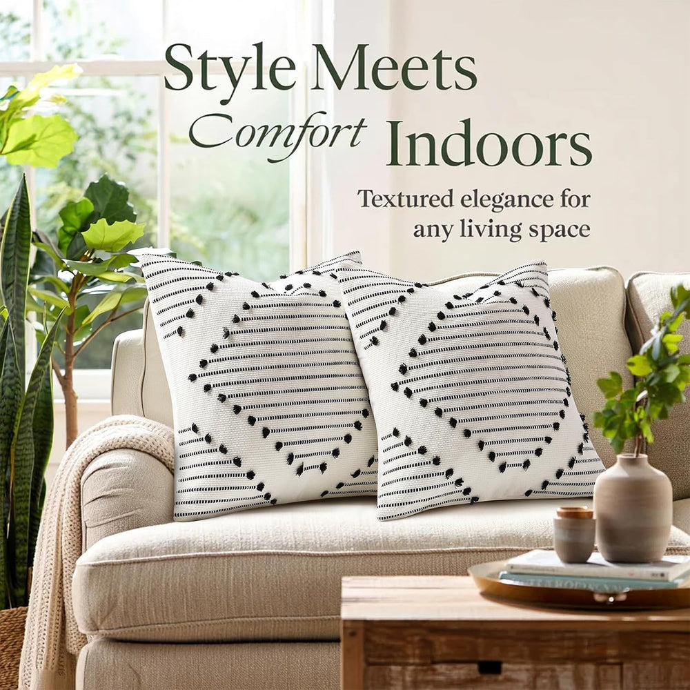 Mecatny Boho Outdoor Throw Pillow Covers 20x20 Set of 2 Black & Cream White