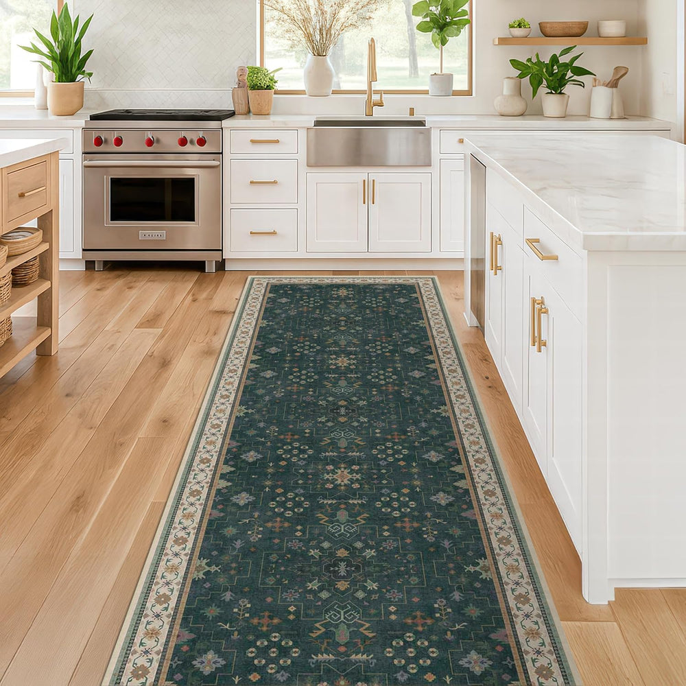 Hazo Haus Dark Green 2x6 Kitchen Rug - Modern Vintage Boho Eclectic Floral wi...