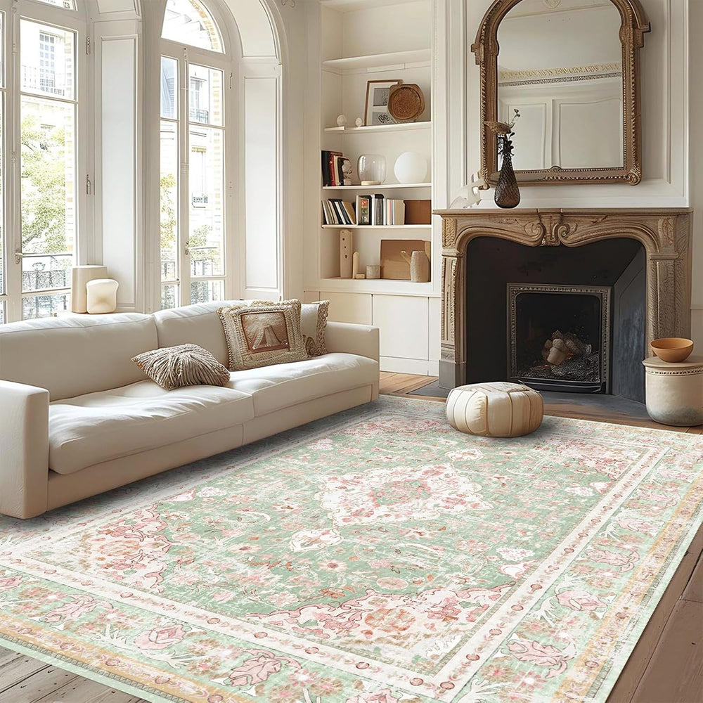 Vhong Washable Area Rugs Boho Vintage Modern Neutral Large Carpet Green and P...