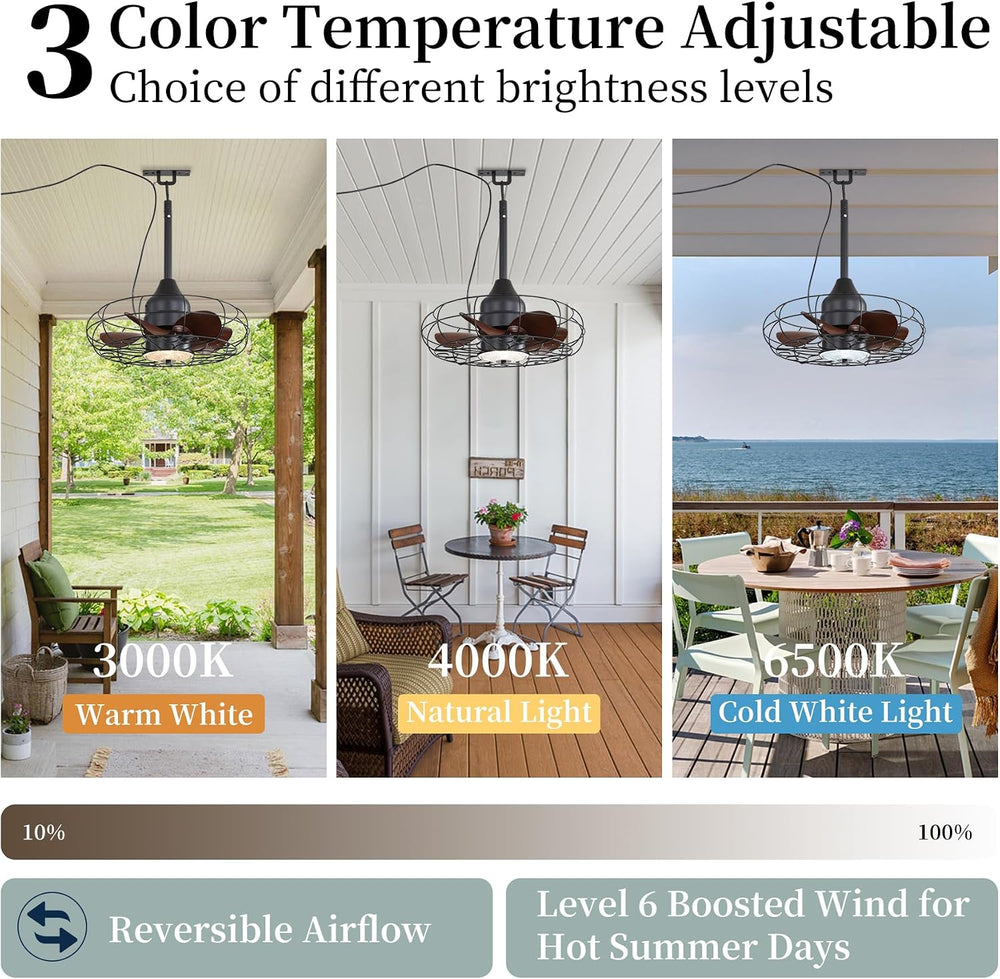 25Inch Outdoor Caged Ceiling Fan with Light Remote Control 3 Color Temp. IP65...