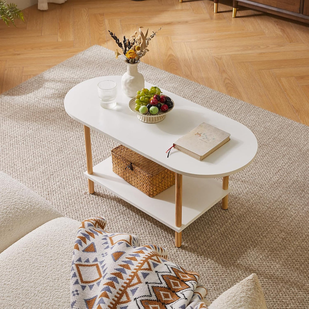Aibiju Oval Coffee Table White, Small Wooden Coffee Table for Small Space, Te...