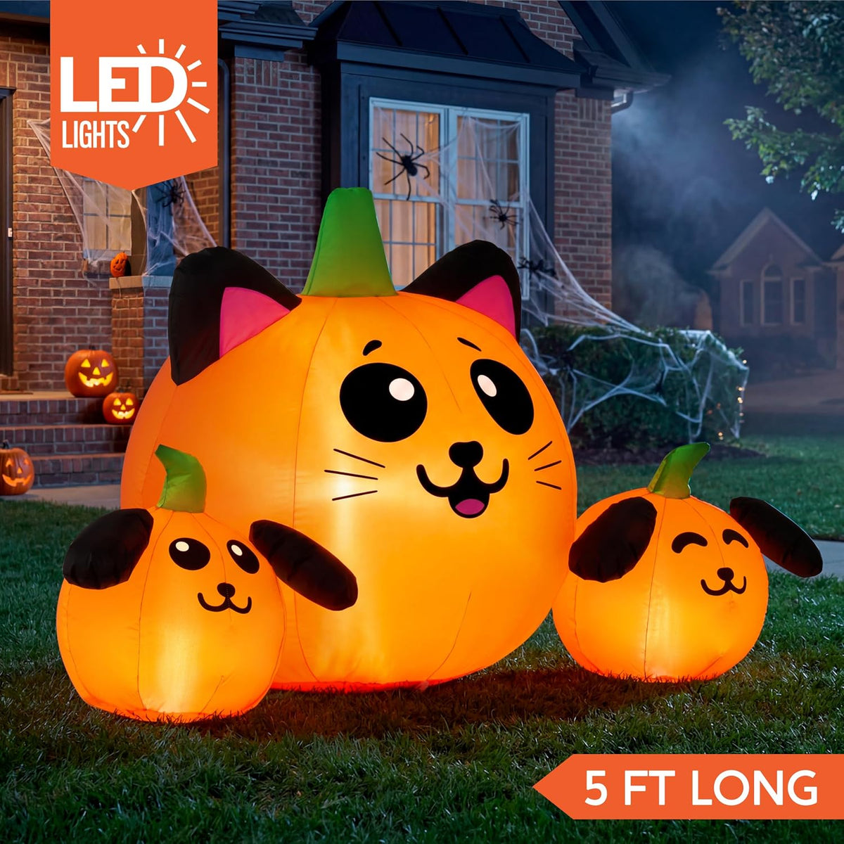 JOYIN 5FT Long Halloween Inflatable Pumpkin Cat & Dog Head Combo Outdoor Decoration with Built-in LED Lights, Halloween Inflatable Decoration Blow Up Decoration for Yard Lawn Garden Indoor Decor