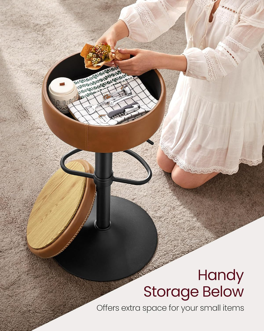 VASAGLE 360° Swivel Bar Stools Set of 2, Height Adjustable, with Storage