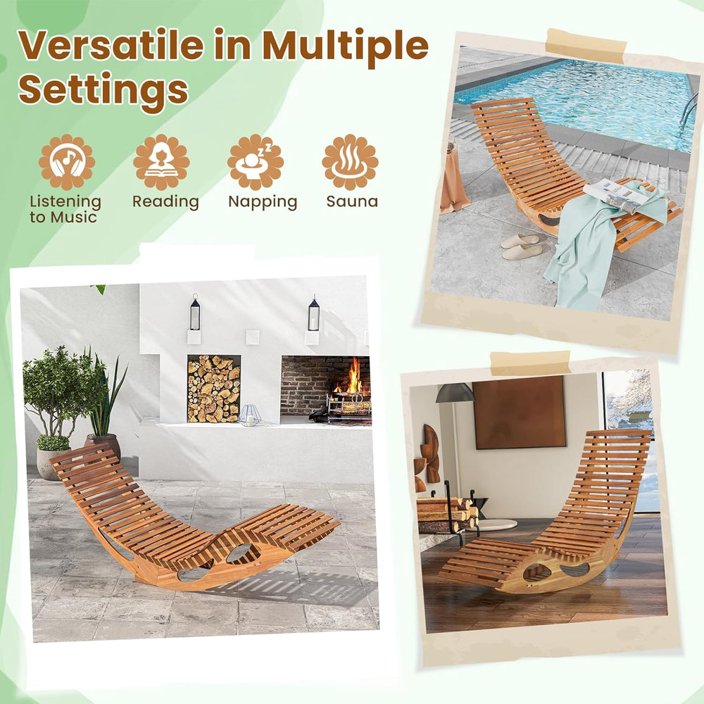 HAPPYGRILL Outdoor Acacia Wood Chaise Lounge, Rocking Chair with High Back, S...