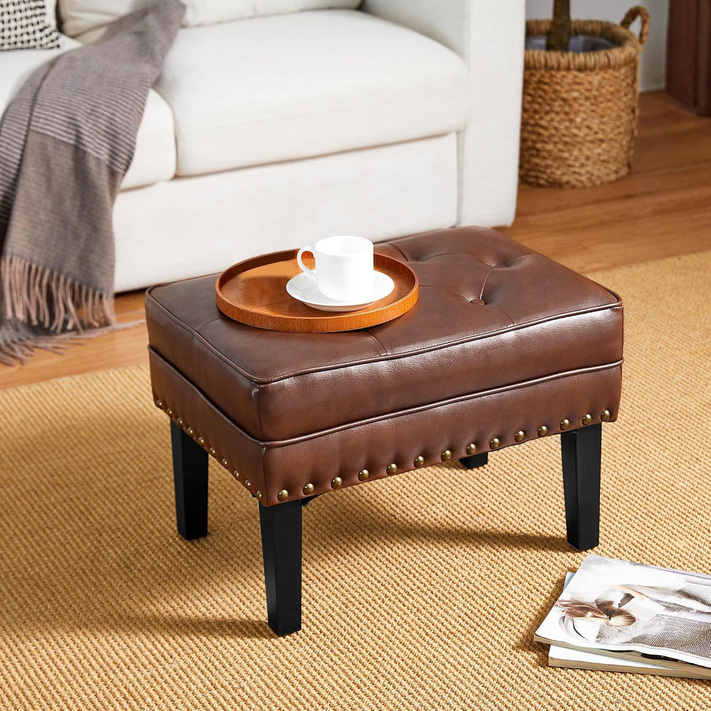 Glitzhome Mid-Century Faux Leather Ottoman, Modern Accent Stool PU Leather Fo...