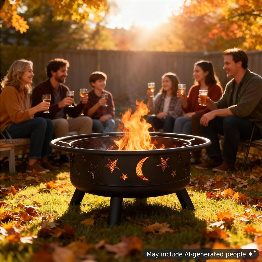 38-Inch Round Wood-Burning Fire Pit with Mesh Cover and Poker