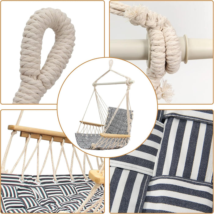 [Upgraded] Hammock Chair Hanging Swing with Wooden Armrests;Steel Spreader Bar and Anti-Slip Rings;Cotton Woven Fabric;Up to 300 Lbs for Bedroom,Patio,Porch,Deck-Indoor Midnight Blue Stripe