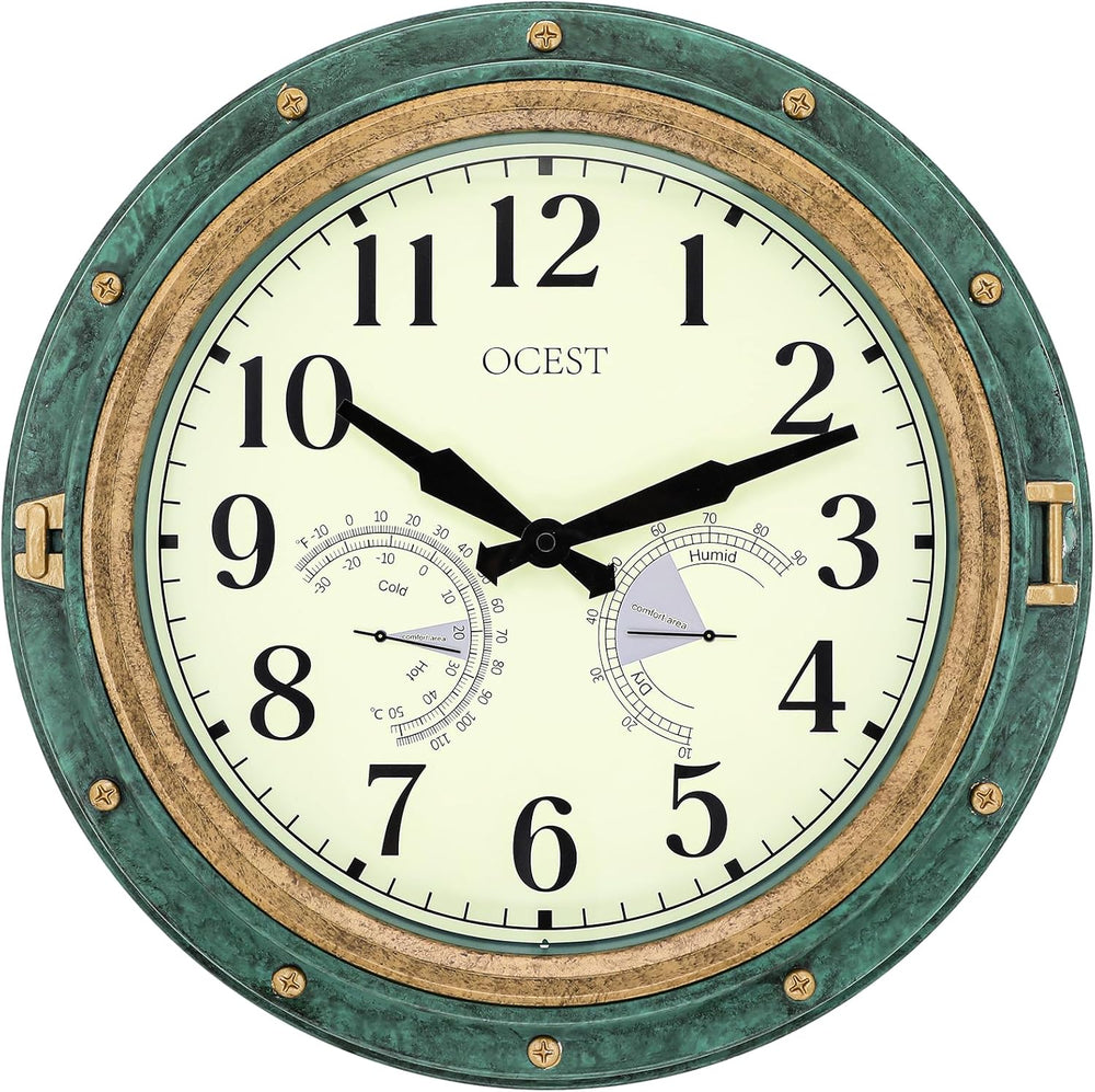 OCEST 16 Inch Waterproof Outdoor Wall Clock, Thermometer Hygrometer
