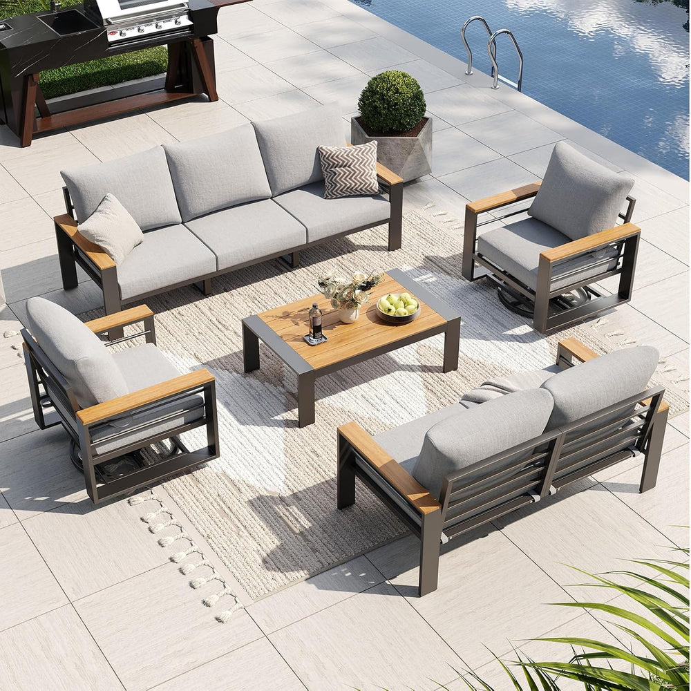 Aoxun Aluminum Patio Furniture Set with Swivel Chairs & Fire Pit Table