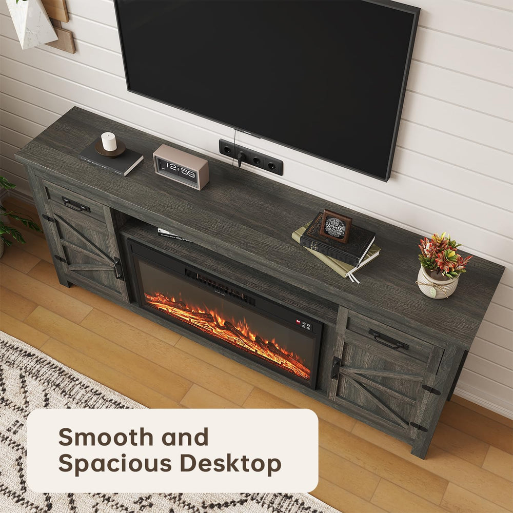 Fireplace TV Stand with Barn Door, 80 inch, Grey