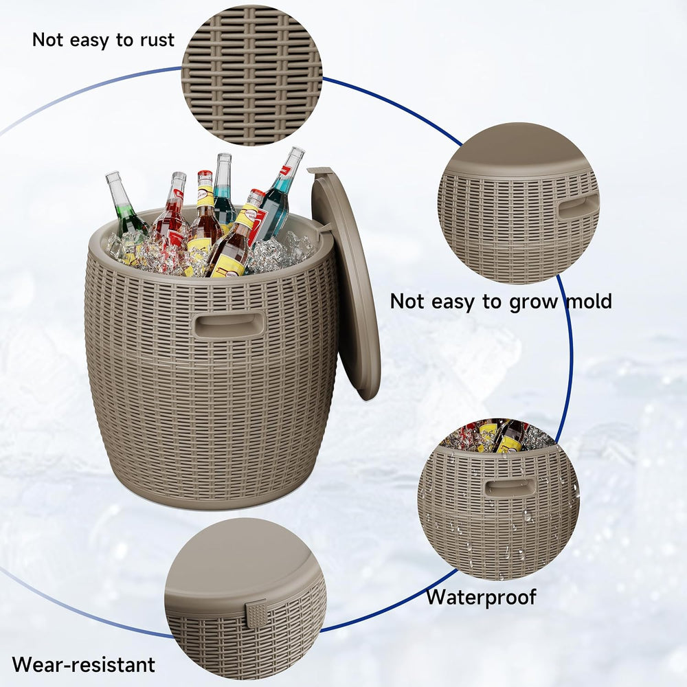 EasyUp 9.5 Gallon Outdoor Cooler Table, Wicker Round Ice Bucket for Parties, ...