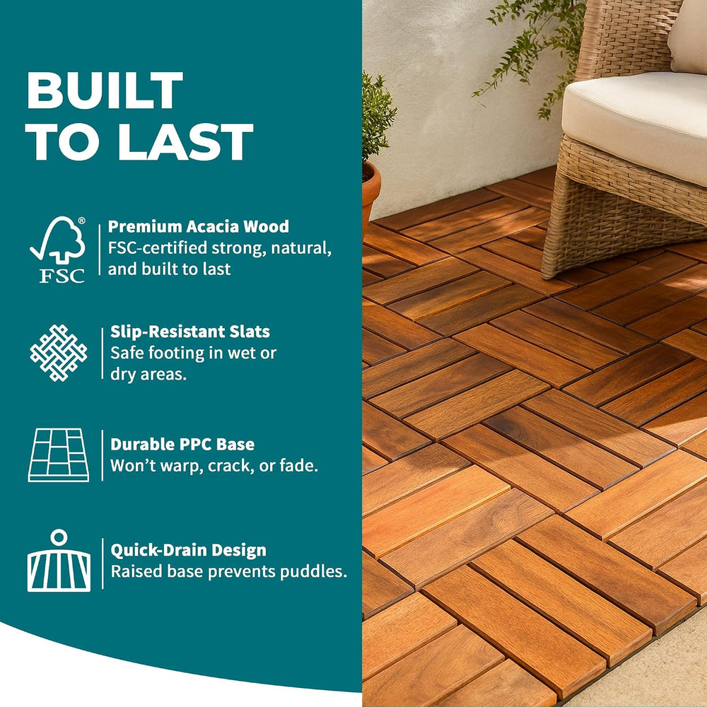 Bliss Outdoors 12-Slat Acacia Hardwood Deck Tiles, Natural, Set of 10