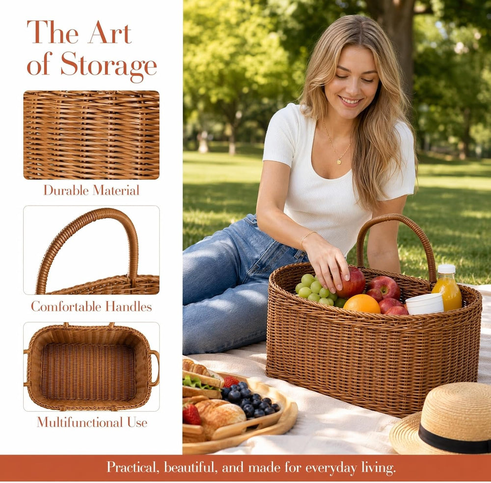 Sewroro Picnic Basket with Handles Handmade Plastic Woven Basket Multifunctio...