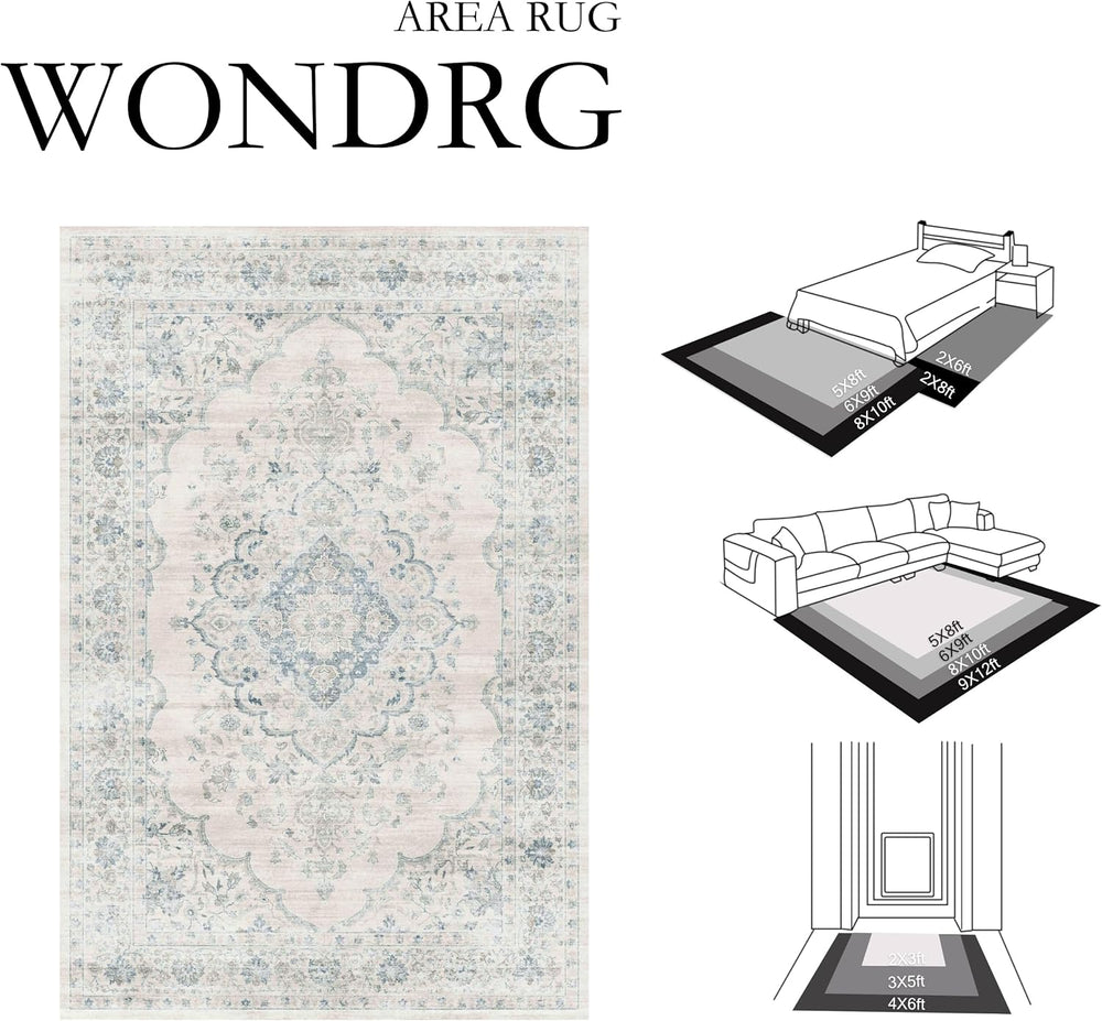 8x10 Blue Washable Neutral Area Rug Living Room