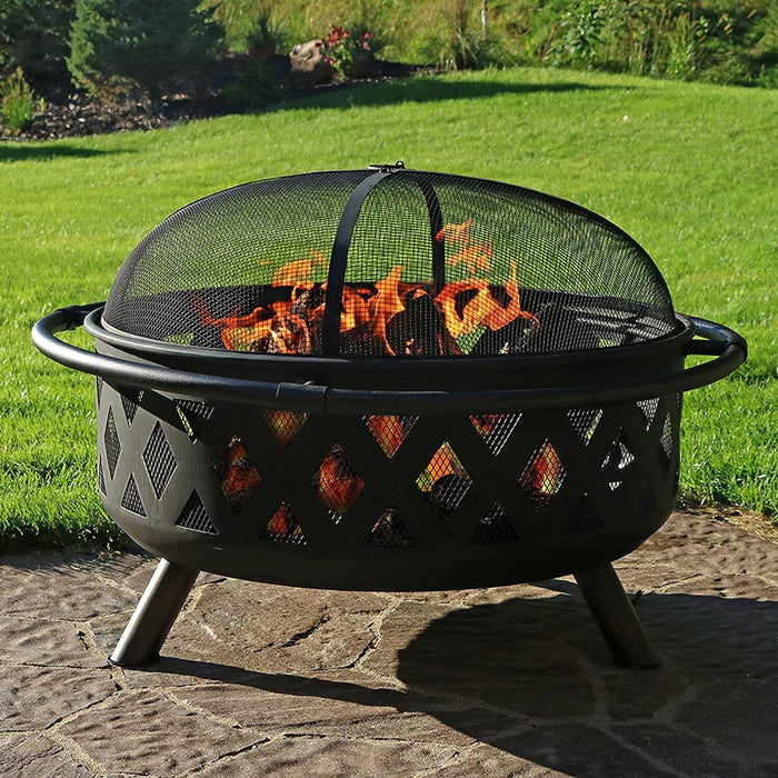 AK TRADING CO. Crossweave 30" Wood Burning Fire Pit with Spark Screen, Poker, Mesh Cover, Stainless Steel Grate - Black