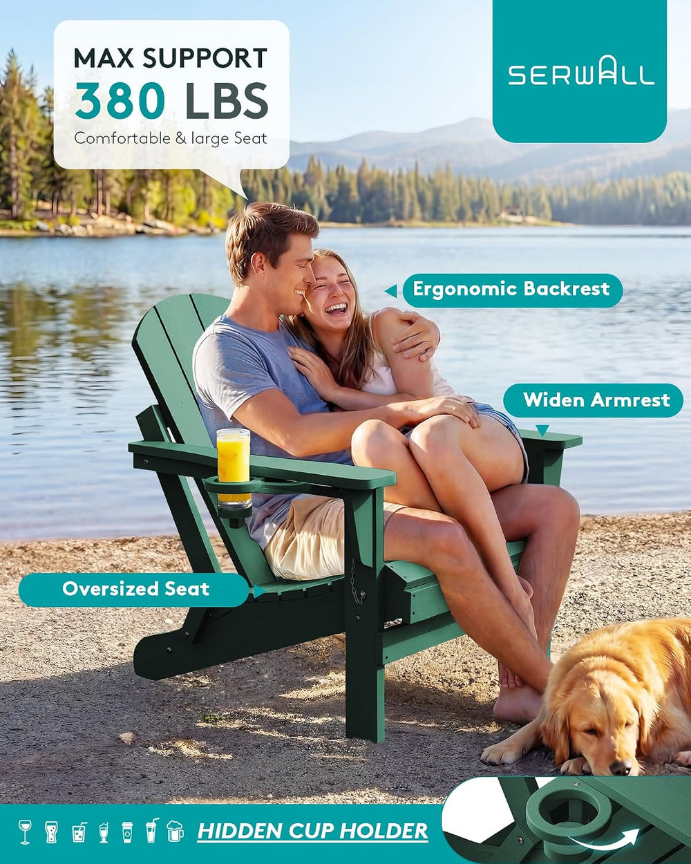 SERWALL Folding Adirondack Chair with Cup Holder, Outdoor Fire Pit - Green