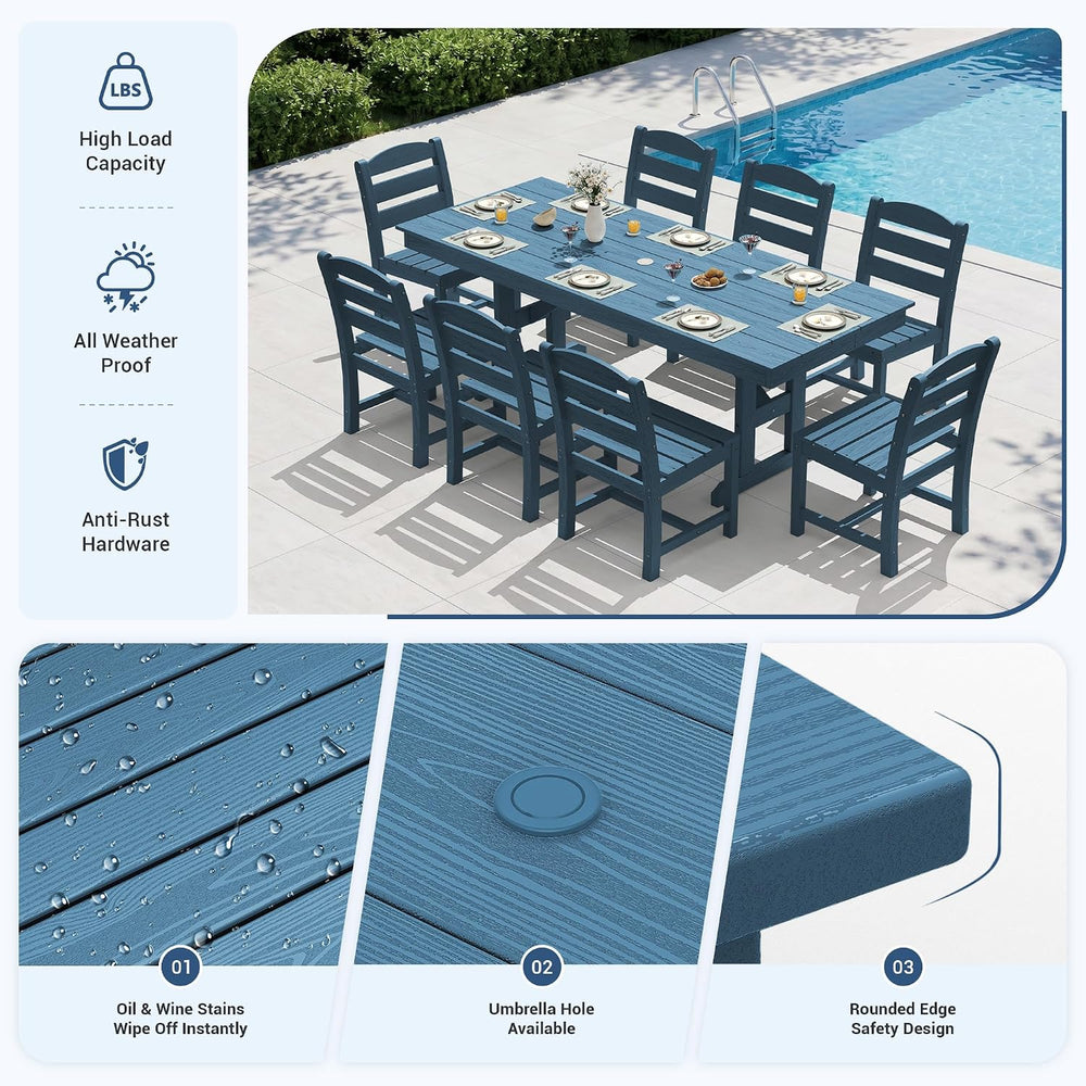 KINGYES Outdoor Dining Set,84'' Table w/Umbrella Hole & Armless C...
