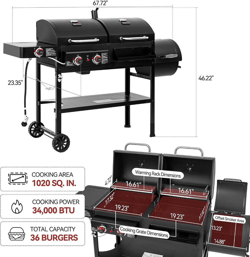 ZH3005Y 2-Burner Gas & Charcoal Grill Combo with Offset Smoker