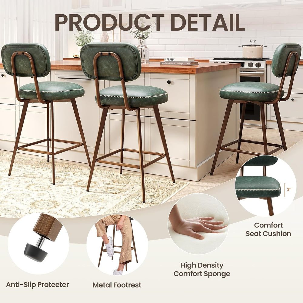 MALOL 26“ PU Leather Swivel Bar Stools Set of 4, Mid Century Counter Height B...