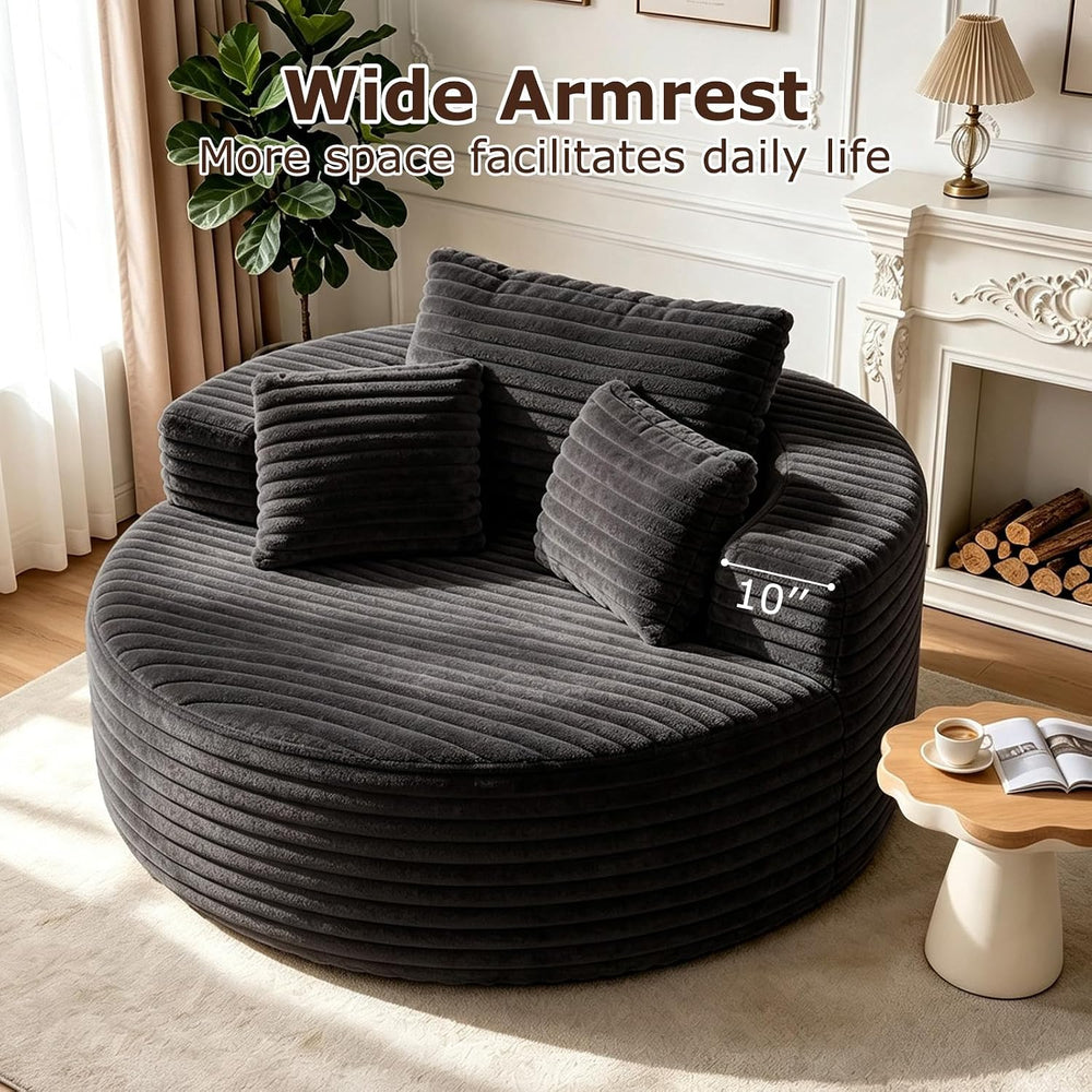 Oversized Round Chaise Longue Chair Indoor, Modern 55-inch Upholstered Cordur...