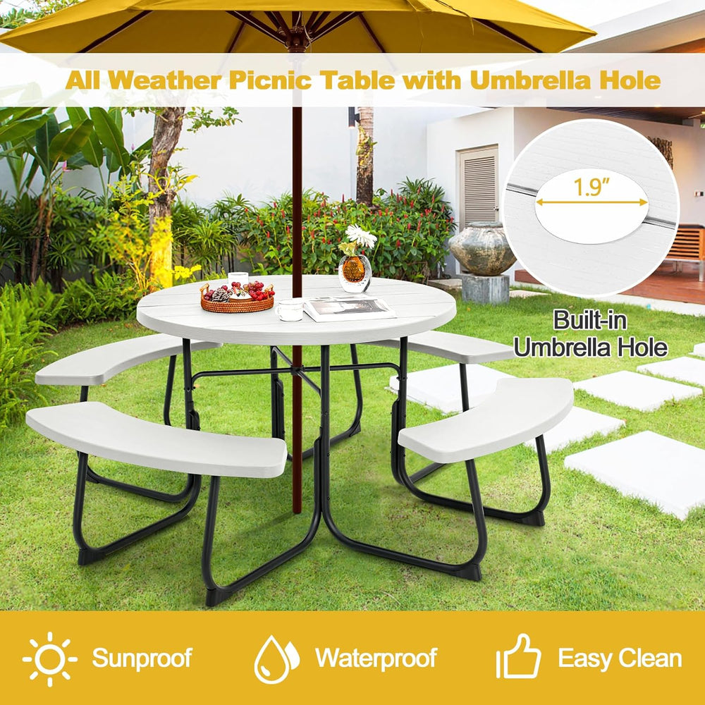 Tangkula 8 Person Picnic Table, Outdoor Round Picnic Table with 4 Built-in Be...
