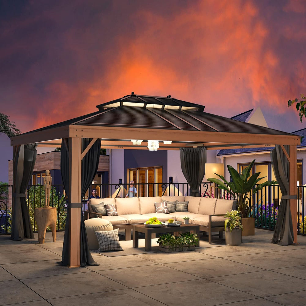 YOLENY 12' x 16' Hardtop Gazebo Faux Wood Grain with Aluminum Frame, ...
