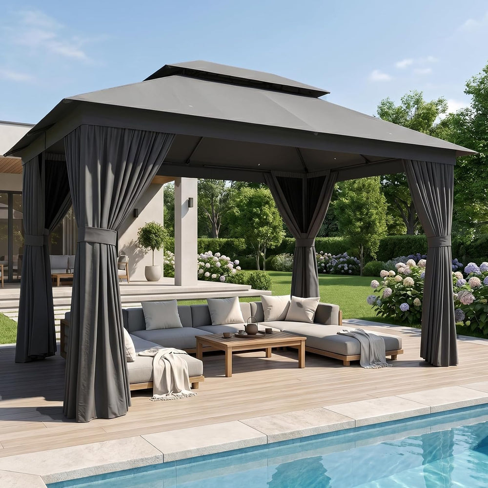 Aoxun 12'x10' Outdoor Gazebo with Mosquito Netting and Privacy Curtains