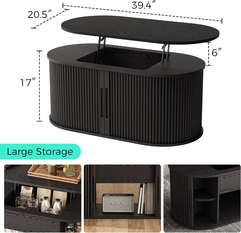 LINSY Lift Top Coffee Table, Oval Fluted Coffee Table with Storage, Mid Centu...