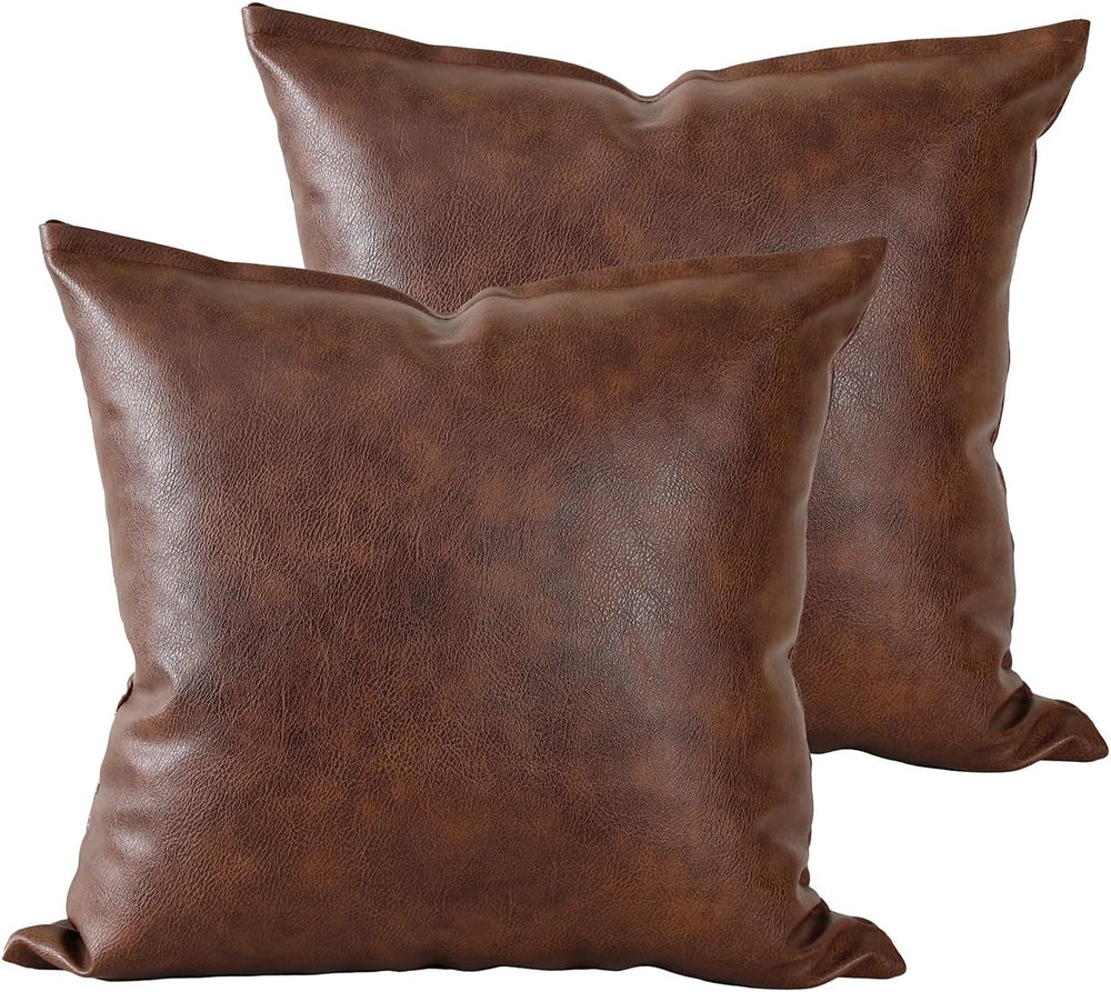 PANOD Set of 2 Faux Leather Throw Pillow Covers 22 x 22 Dark Brown,Modern Lux...