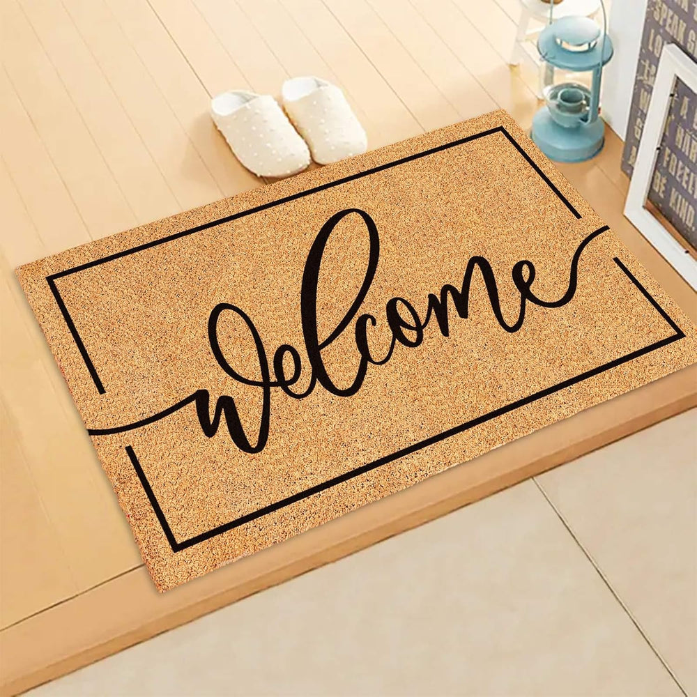 JarThenaAMCS Welcome Natural Coir Doormat with Black Border, 16.5 x 29.1 in