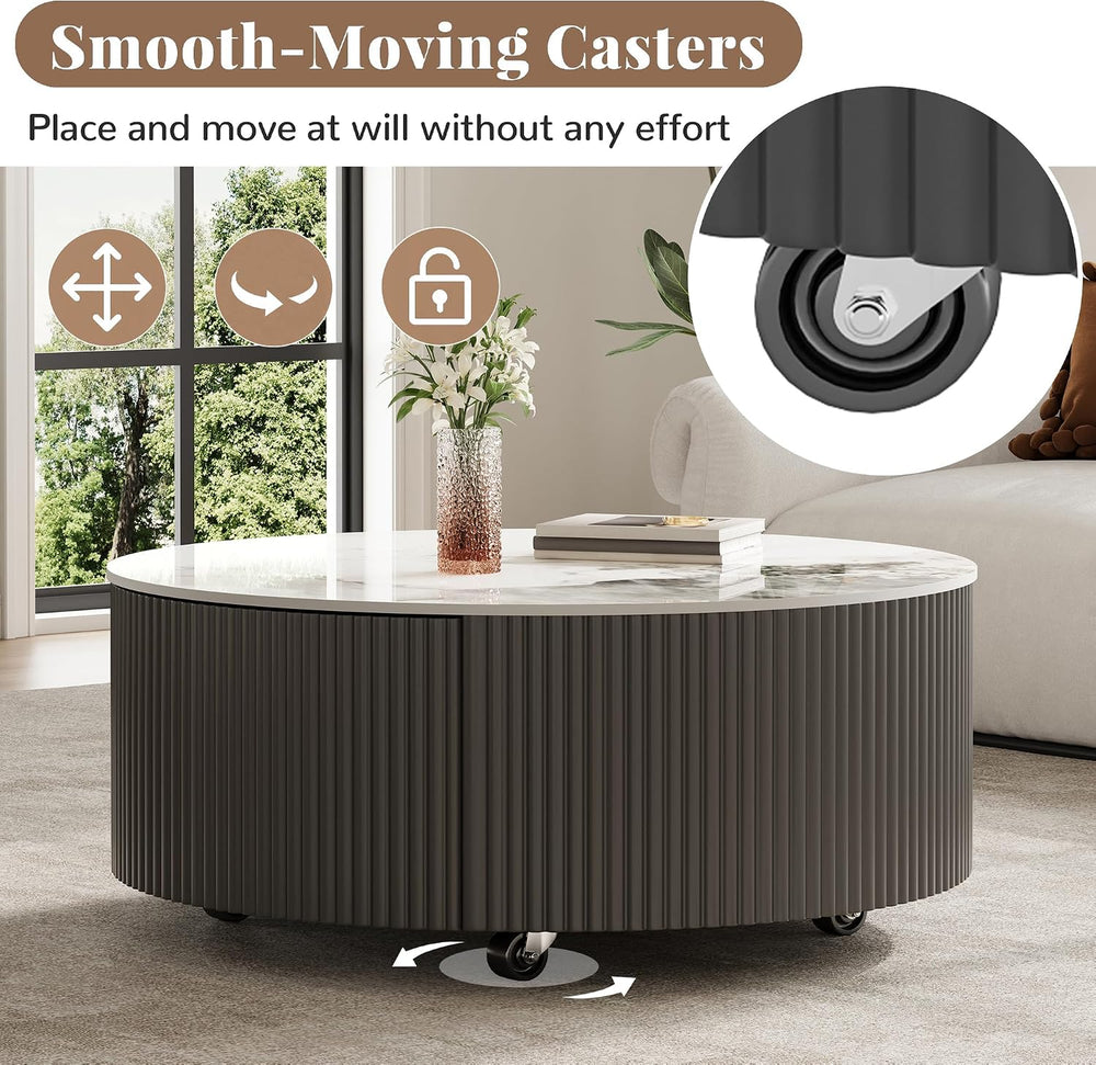Round Coffee Table with Storage, Modern Movable Coffee Table with Marble Patt...