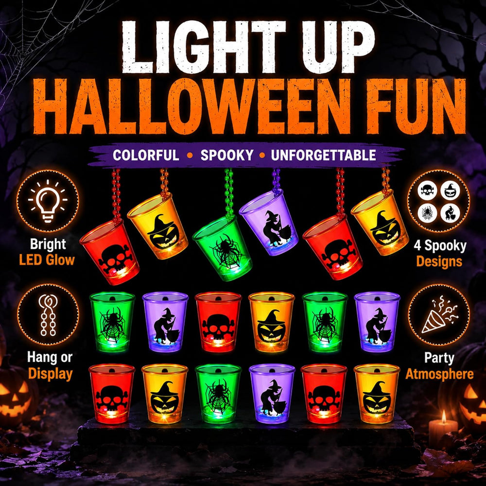 Henoyso 24 Pcs Halloween Shot Glass on Beaded Necklace Skull Plastic Shot Gla...