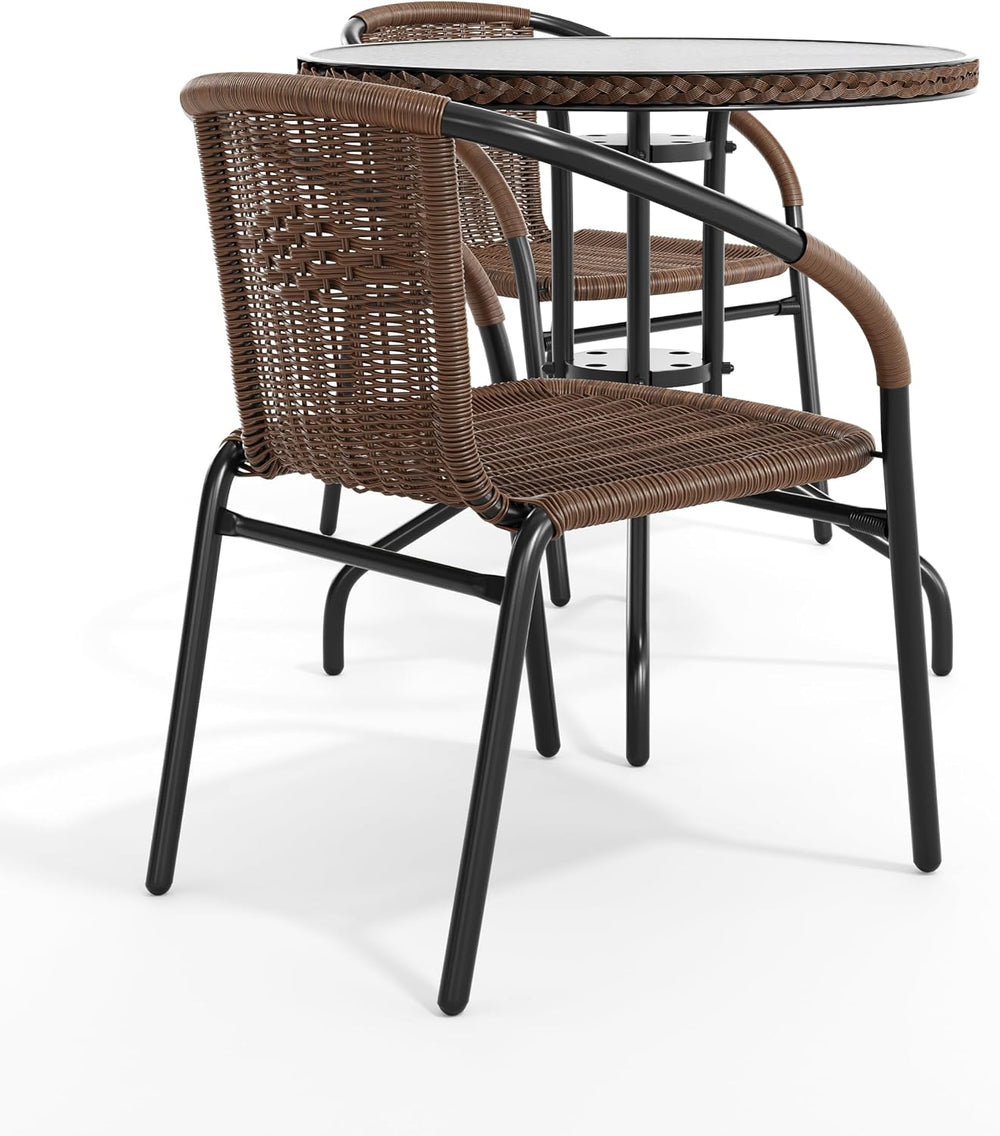 Flash Furniture Lila 28'' Round Glass Metal Table with Dark Brown Rat...