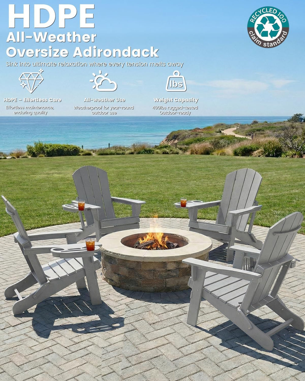 Folding Adirondack Chair Set of 2 with 4-in-1 Cup Holder,Fire Pit Chair
