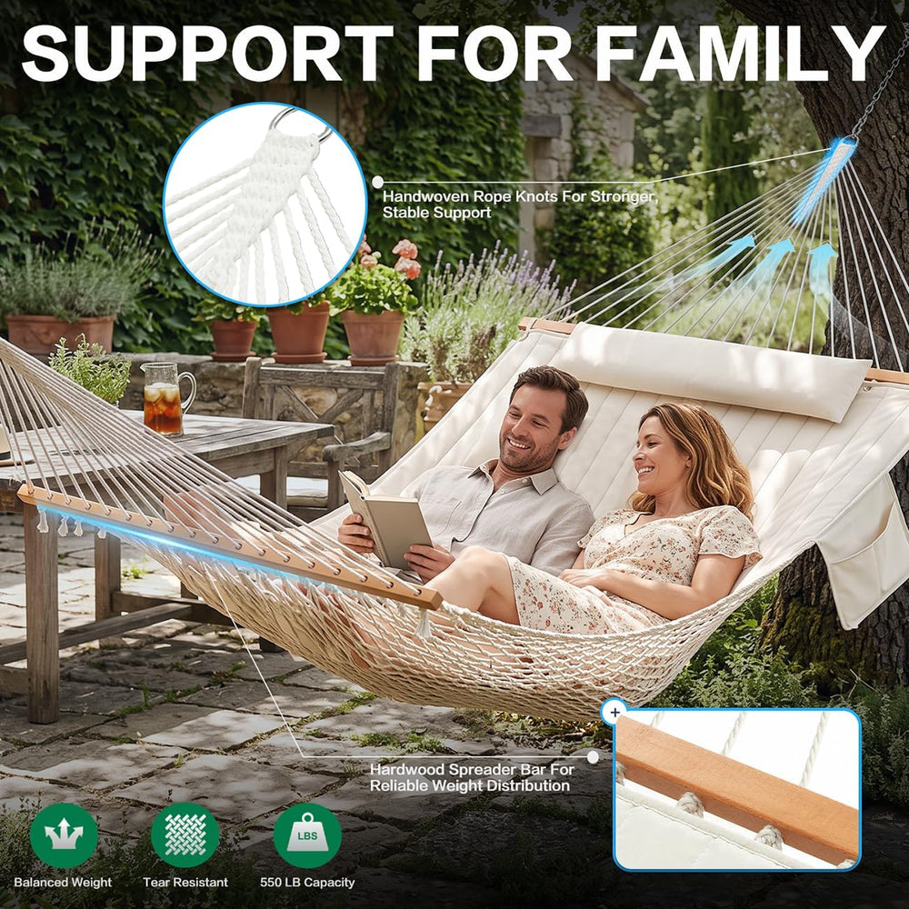 GAFETE 14FT 2 Person Handwoven Rope Hammock for Outside with Removable Pad