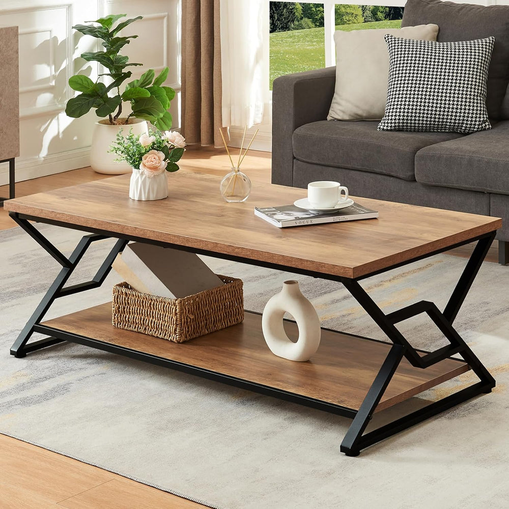 HOMISSUE Coffee Table, Rustic Rectangle Coffee Table with 2-Tier Storage, Eng...