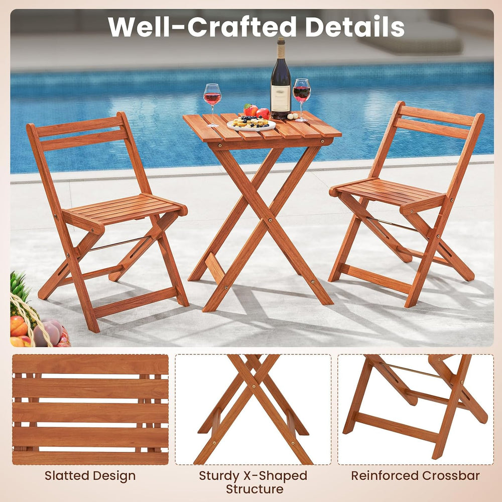 Tangkula 3 Pieces Solid Wood Patio Bistro Set with 2 Folding Chairs, Outdoor ...